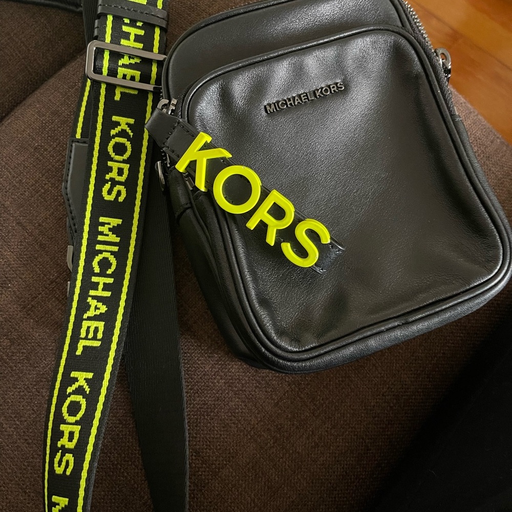 Michael Kors Black Leather Crossbody with Neon Yellow Accent